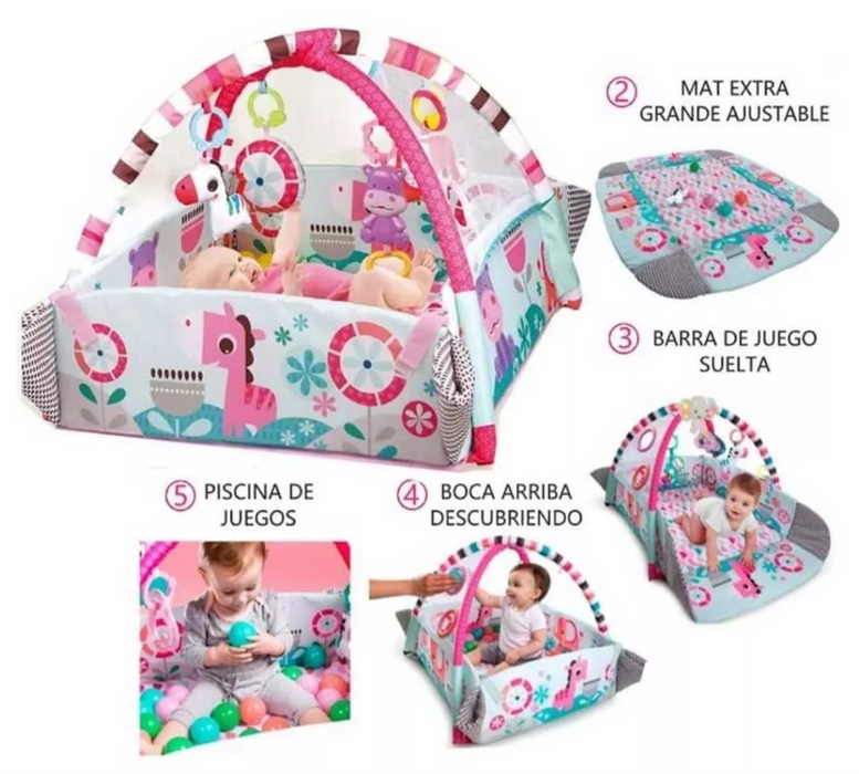 Gimnasio para bebes 5 en 1 color rosa con 30 Pelotas y Juguetes ademas de tapete y alberca