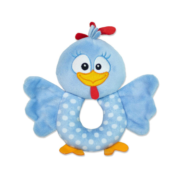 Sonaja y mordedera sensorial de peluche de la gallina pintadita