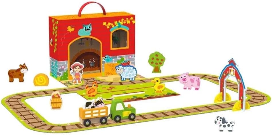 Tooky Toy Maleta de Granja con Animales y Accesorios de Madera, 35 Piezas, Tren Magnético y Vías, para Niños de 2 a 4 Años