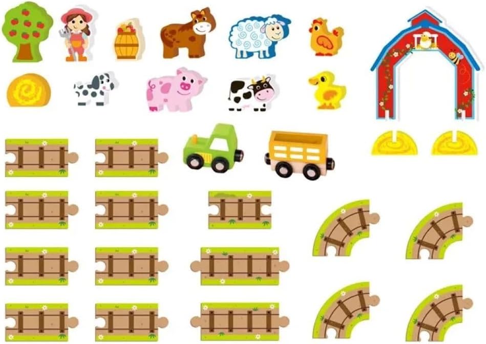 Tooky Toy Maleta de Granja con Animales y Accesorios de Madera, 35 Piezas, Tren Magnético y Vías, para Niños de 2 a 4 Años