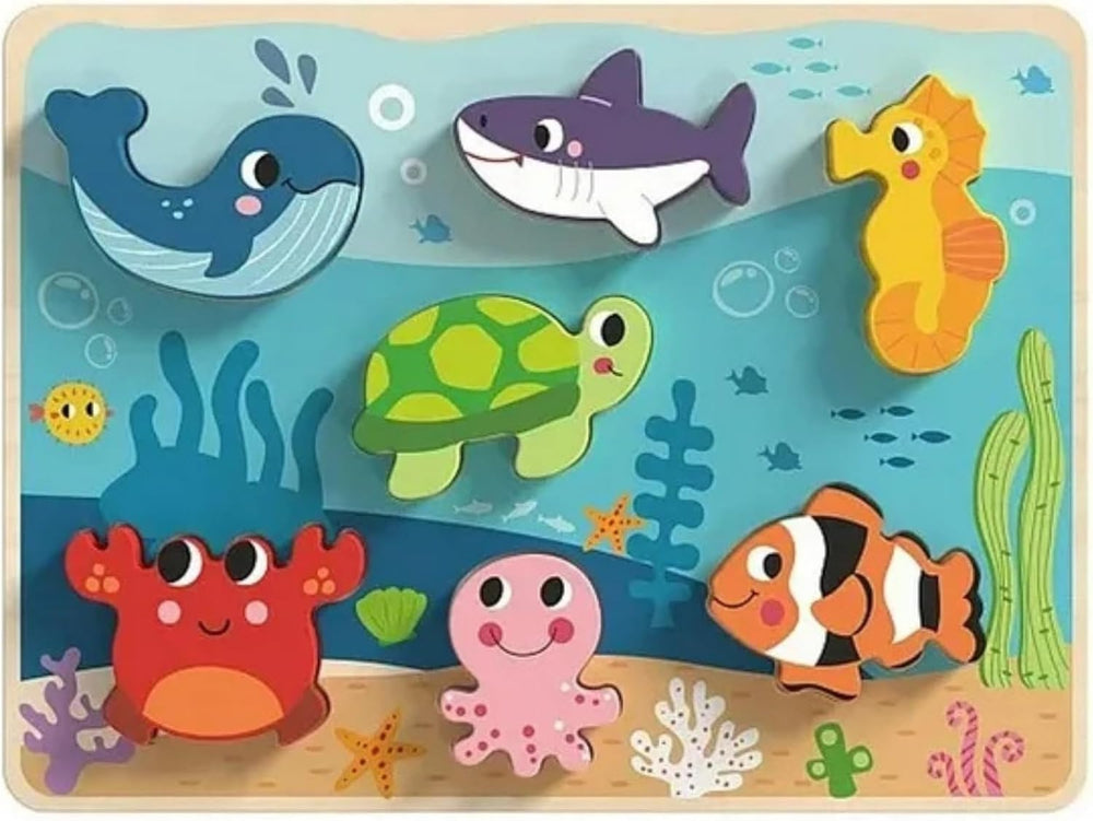Rompecabezas de Madera de Animales Marinos con Diferentes Capas, Juguete Preescolar Chunky de 8 Piezas,Didactico - Tooky Toy