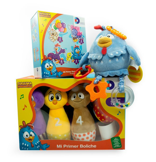 Kit de Boliche, Peluche 5 actividades y Rompecabezas Progresivo Gallina Pintadita